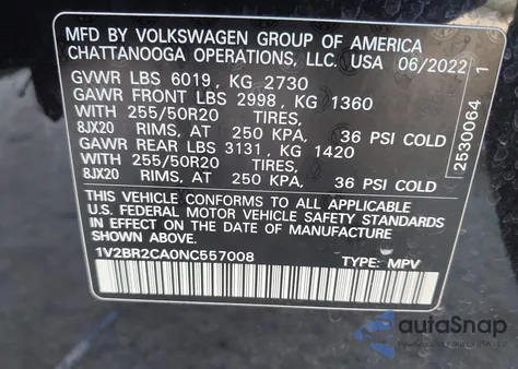 2022 Volkswagen Atlas 3.6L V6 Sel z USA, uszkodzony, nr VIN 1V2BR2CA0NC557008